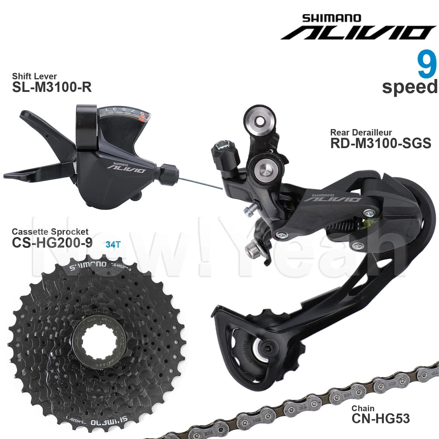 Groupe Shimano Alivio M3100 9 vitesses comprenant SL-M3100, RD-M3100, cassette CS-HG200-9 (32/34/36 dents) et chaîne CN-HG53.
