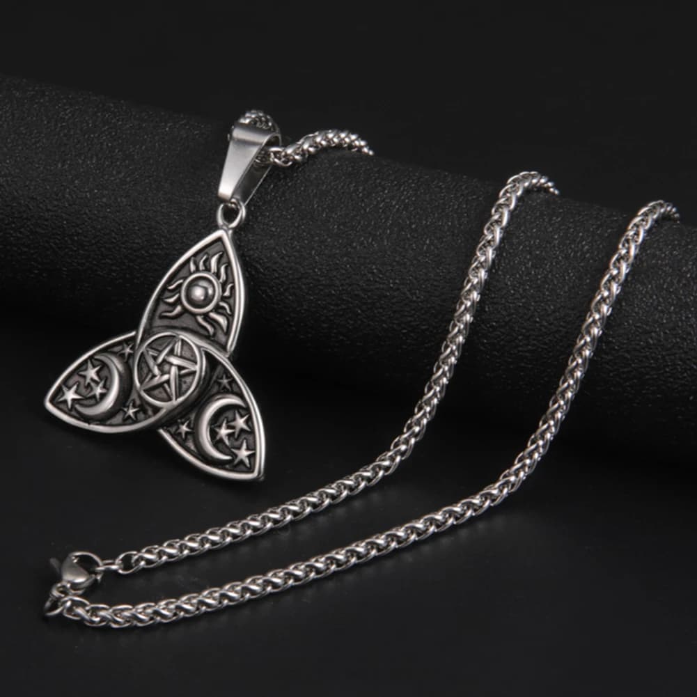 Viking Wicca Sun Star Moon Pendentif Colliers pour Hommes et Femmes, Acier Inoxydable, Triple Lune, Déesse, Triquetra, Pentacle, Bijoux
