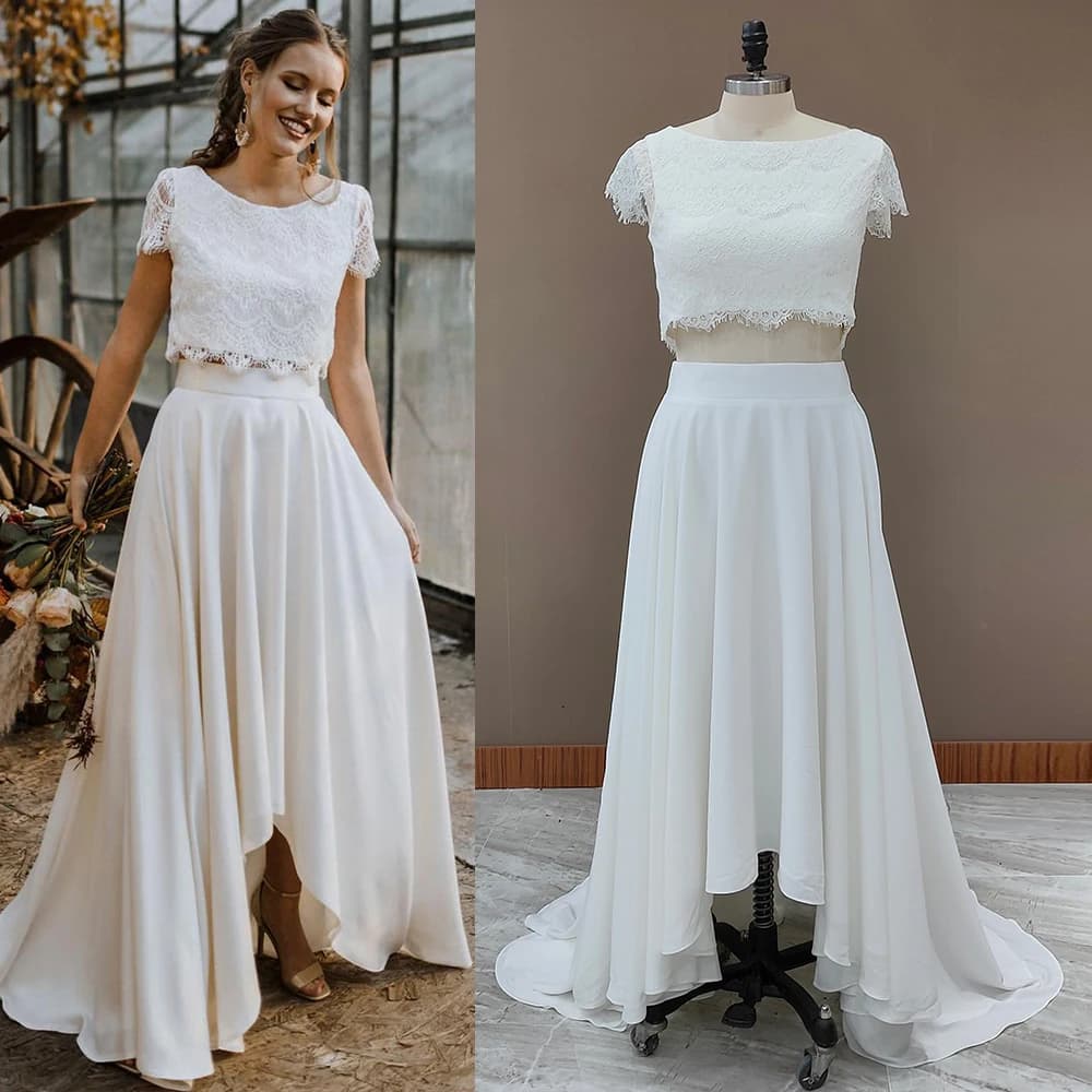 Robe de Mariée Deux Pièces en Dentelle Personnalisée, Style Boho, Haut Court, Princesse, lèvent Scoop, Manches Cape, Haut Bas, Maxi, en Mousseline de Soie, pour Patients de Plage