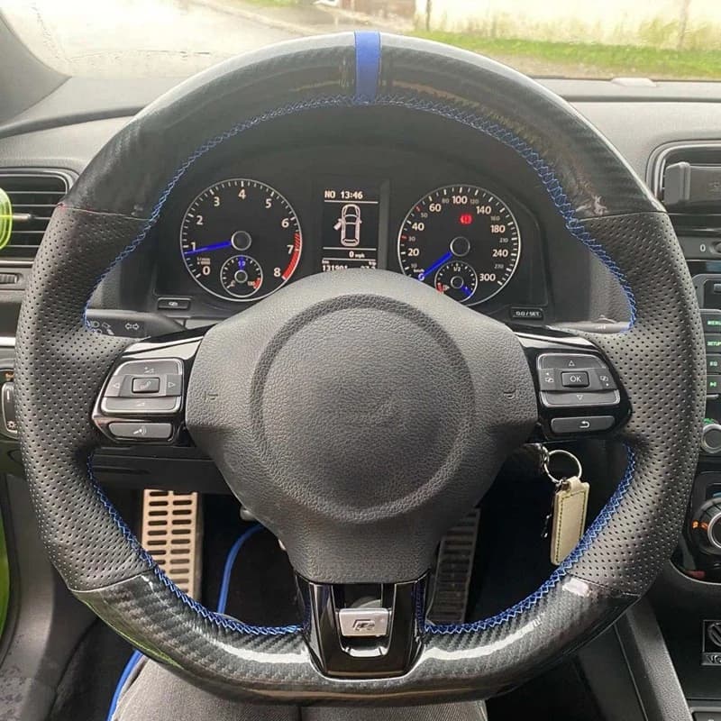 Juste de volant de voiture en cuir véritable cousu à la main, fibre de carbone, noir, Volkswagen Golf 6, GTI MK6, contraste, rocco R