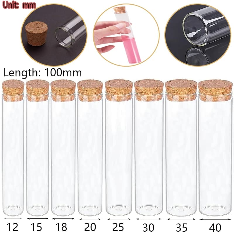 Tubes à essai en verre à fond plat, longueur 100mm, plusieurs spécifications, avec bouchons en liège, pour différents types de TESTS, diamètre 12mm-40mm, 5 pièces