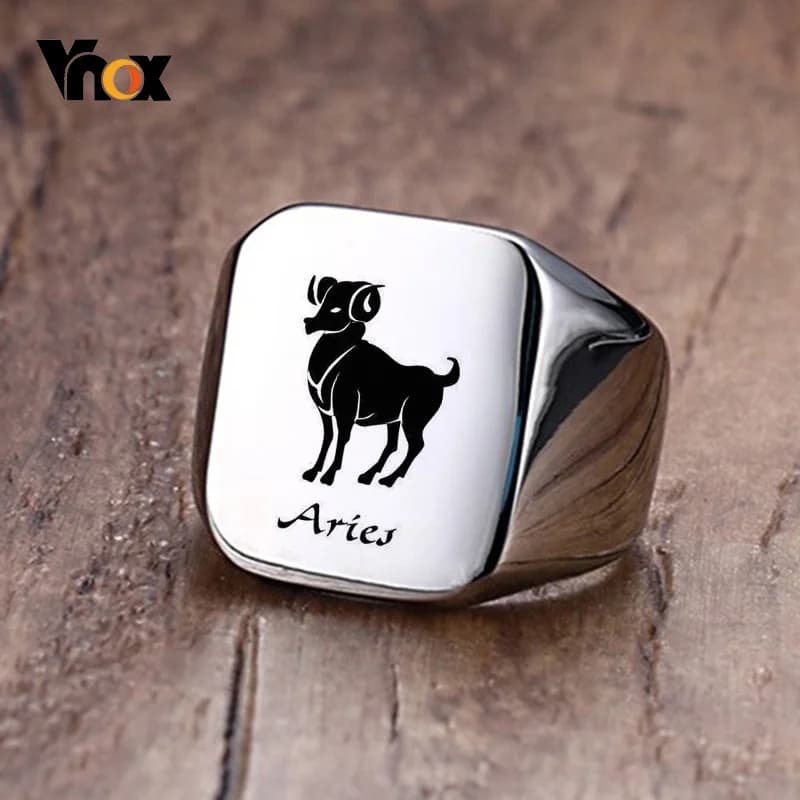 Vnox – bague chevalière de 18mm pour hommes et femmes, bande de doigt du signe du Constellation du zodiaque 12 Horoscope, bague Punk bélier en acier inoxydable