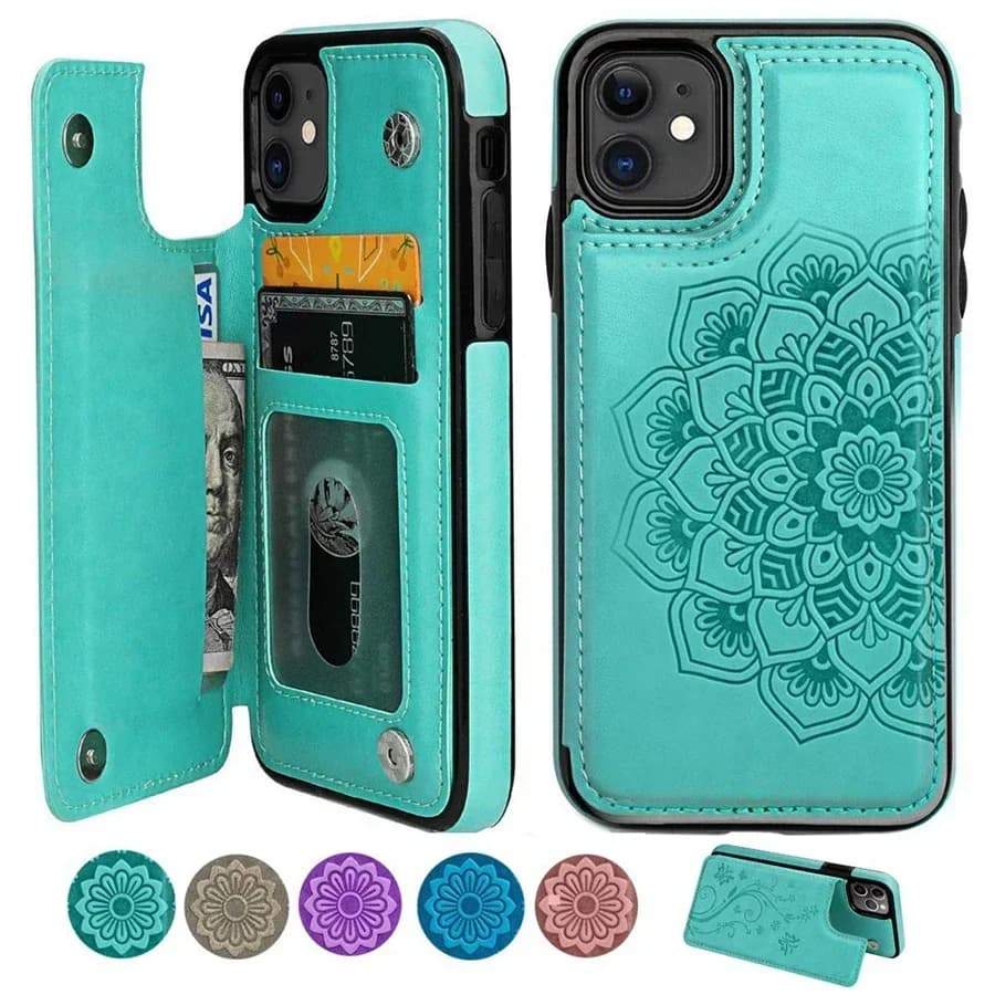 Portefeuille Datura Double boucle fente pour carte étui en cuir à rabat magnétique pour iPhone 16 Pro Max 15 Plus 14 13 12 Mini 11 SE 2 X XS XR 8 7