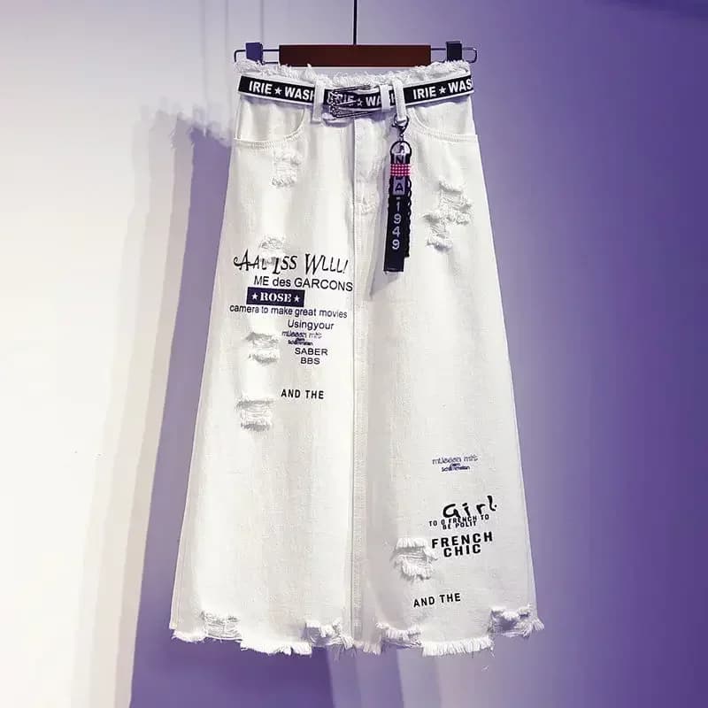 Jupe longue en denim blanc pour femme, surdimensionnée, grande taille, lettre imprimée, style coréen, mode, nouveau, 2025