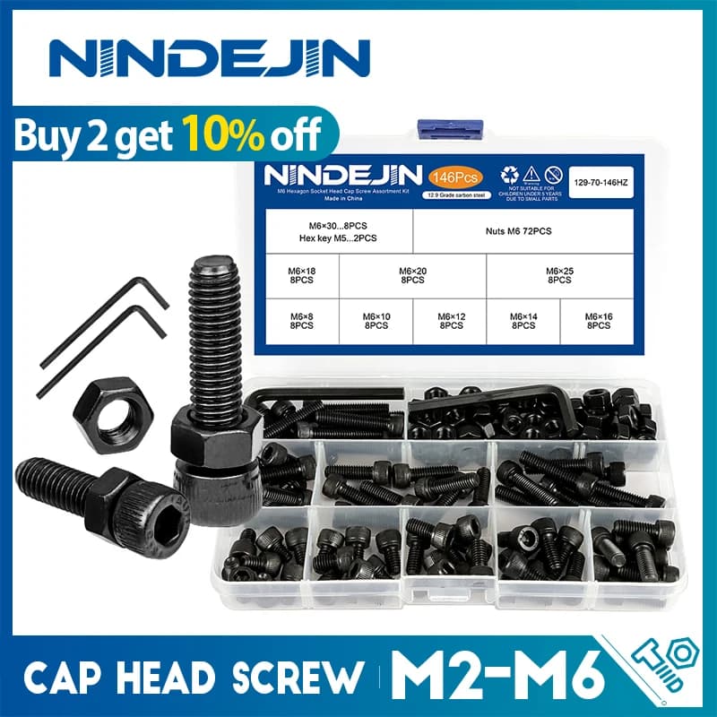 NINDEJIN vis à tête hexagonale, écrou à tête creuse 12.9 acier au carbone m2 m2.5 m3 m4 m5 m6 kit d'assortiment de boulons et d'écrous