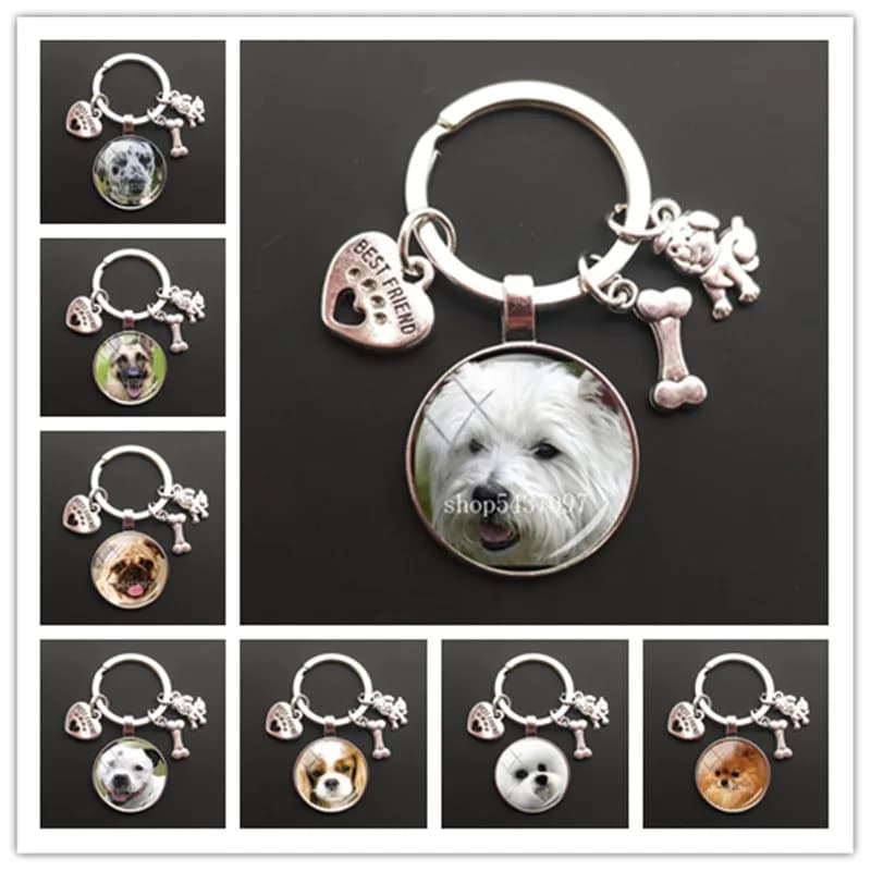 Porte-clés de chien mignon pour les enfants, porte-clés d'image de bouledogue français, pendentif convexe en verre, anneau en métal, cadeau d'amoureux de chien