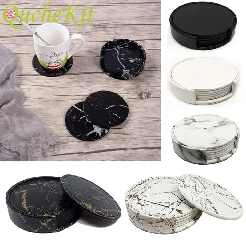 Ensemble de sous-verres en cuir PU marbré résistant à la chaleur, 6 pièces, napperons ronds noirs et blancs pour boisson, tasse à café, napperons faciles à nettoyer