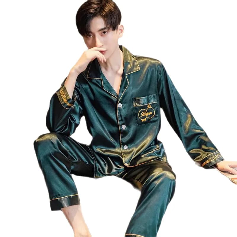 Ensemble de pyjama en satin brodé pour hommes, vêtements de nuit à revers, chemise et pantalon, col à manches longues, vêtements de maison décontractés, grande taille, 2 pièces