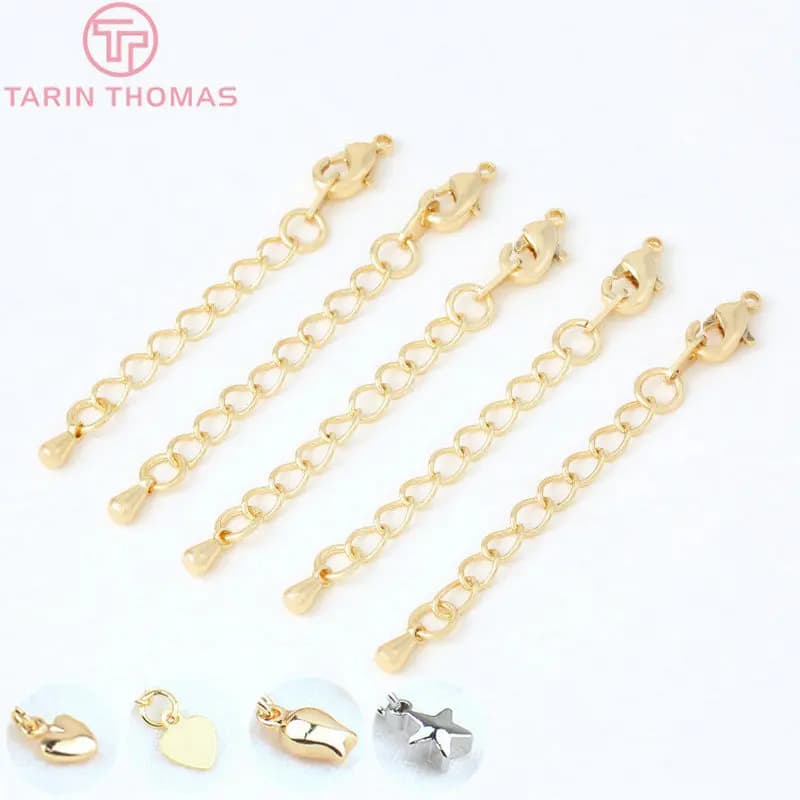 (3560)6 pièces pleine longueur 70MM 24K couleur or chaîne d'extension en laiton plaqué avec fermoirs à homard accessoires de bijoux de haute qualité