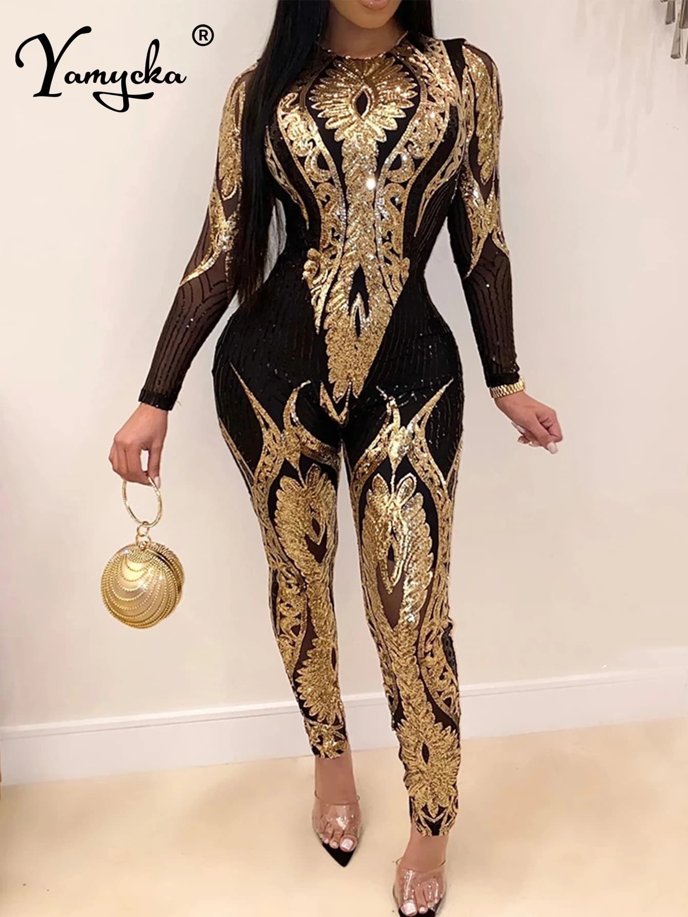 Combinaison moulante sexy à manches longues et sequins pour femme, tenue une pièce pour soirée d'anniversaire ou boîte de nuit, combinaison-pantalon pour femme