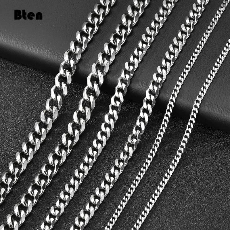 Chaîne en acier inoxydable de 3mm et 7mm de large, chaînes à maillons cubains, collier ras de cou pour hommes, bijoux en métal massif plaqué argent, à la mode