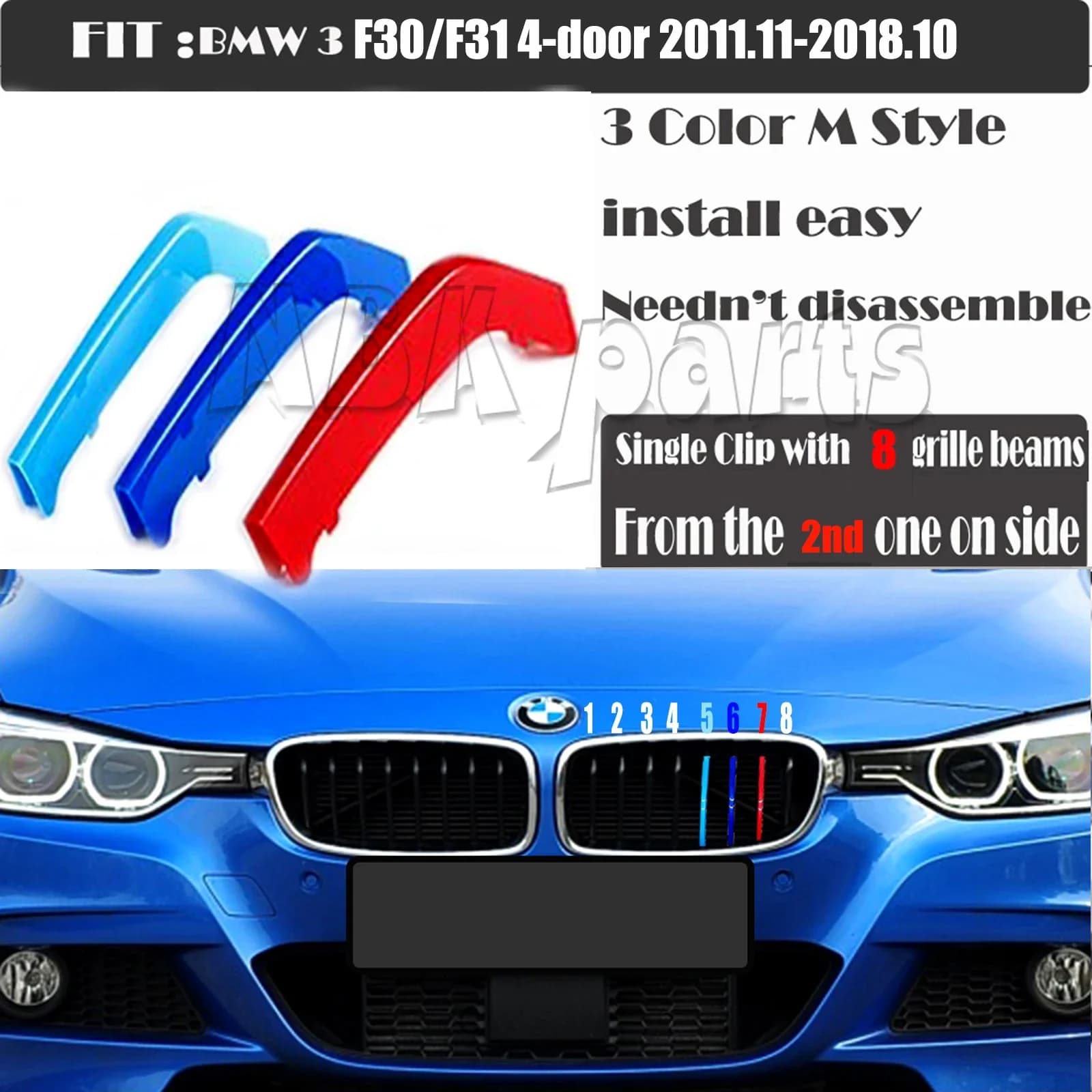 Réinitialisation de calandre M-Stripe avec 8 lamelles, garniture d'édition sportive, 3 documents, compatible avec BMW3, F30, F31, 12-18