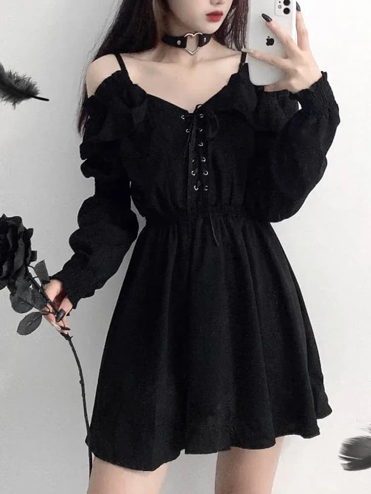 JMPRS grande taille gothique femmes noir Mini robe Sexy épaules nues taille haute tunique dames robe de soirée à manches longues col en V robes