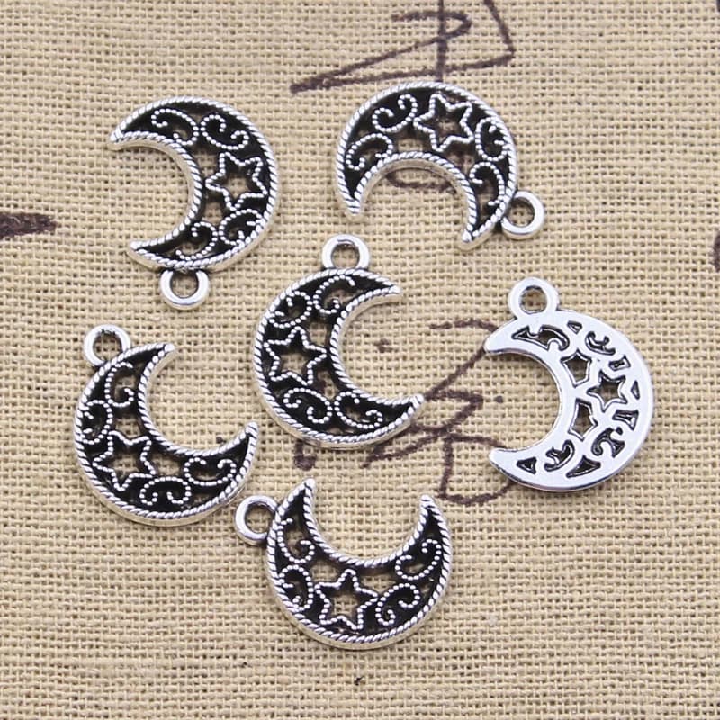 Breloques creuses en forme d'étoile et de lune, pendentifs antiques de couleur argent, fabrication artisanale, bijoux tibétains faits à la main, 19x14mm, 30 pièces