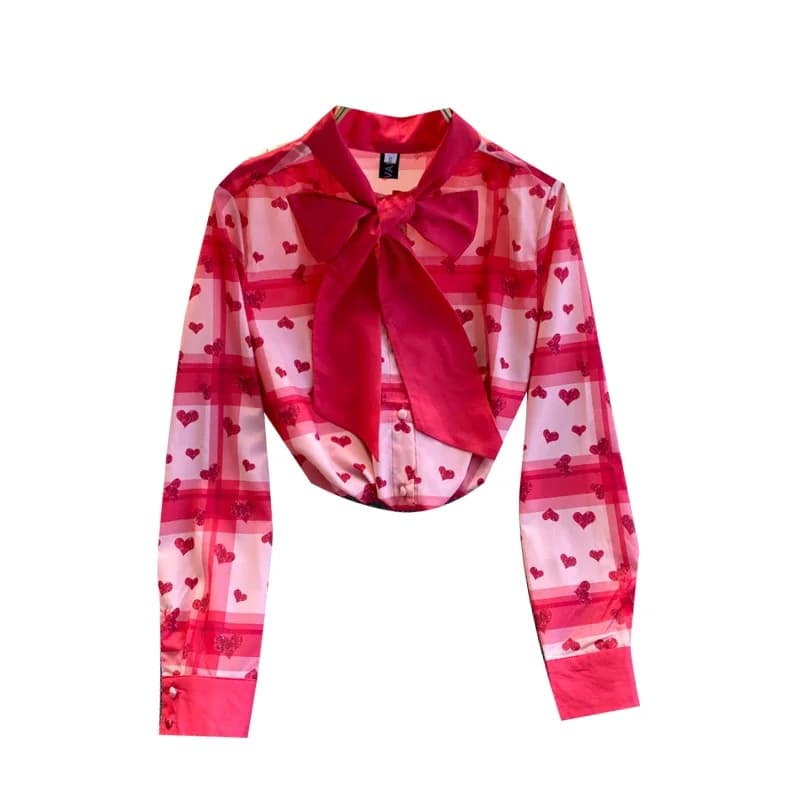 Nouvelle Blouse Femme Rouge à Manches Longues Imprimé Cœur Nœud Papillon Style Français Printemps-Automne Coupe Ample Polyvalente C522