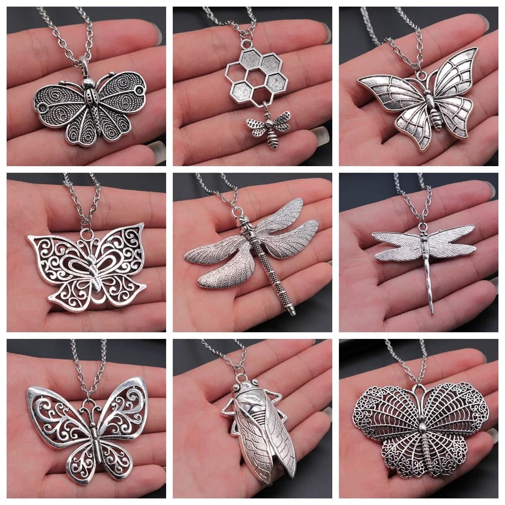 Collier Antique couleur argent, Animal volant, insecte, papillon, libellule, abeille, cigale, pendentif, cadeau pour femmes, nouvelle mode