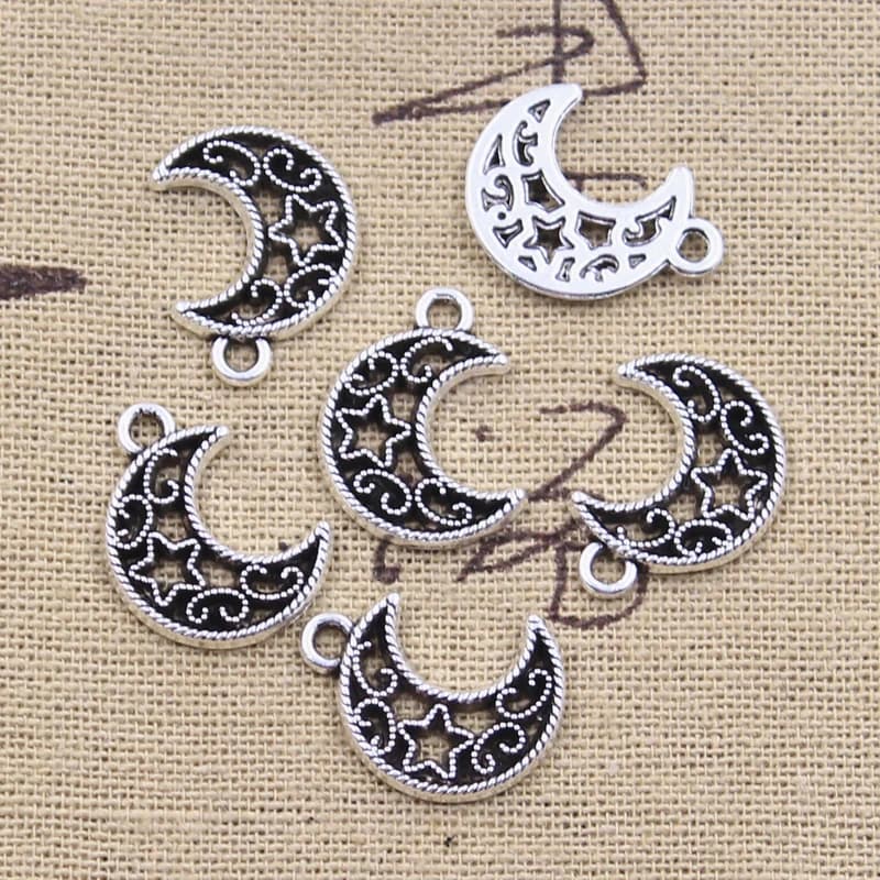 Breloques creuses en forme d'étoile et de lune, pendentifs antiques de couleur argent, fabrication artisanale, bijoux tibétains faits à la main, 19x14mm, 30 pièces