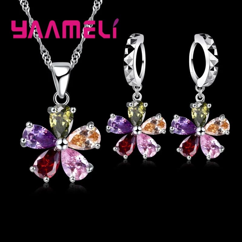 Cinq Pétales Fleurs Coloré CZ Cristal Ensembles de Bijoux Pendentif 925 Collier Dangle Boucle D'oreille Ensembles Pour Les Femmes