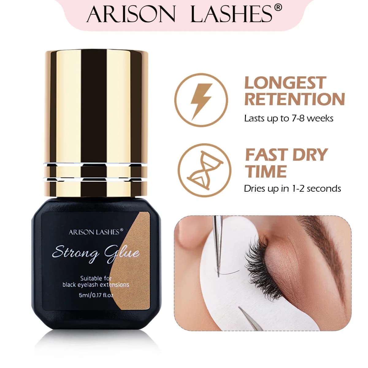 Colle pour extensions de cils ARISON 1s à séchage rapide 5ml, adhésif non irritant, colle noire pour cils YY et W, tenue 5-7 semaines, sans odeur