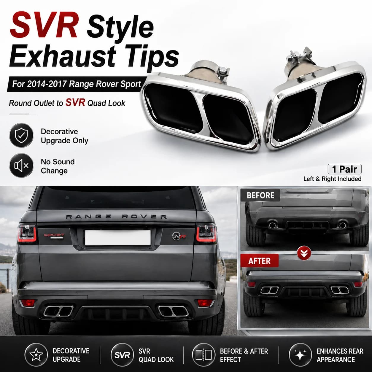 Embouts d'échappement quadruples style SVR pour Range Rover Sport L494 2014-2017, en acier inoxydable, embout de silencieux carré, amélioration de l'échappement
