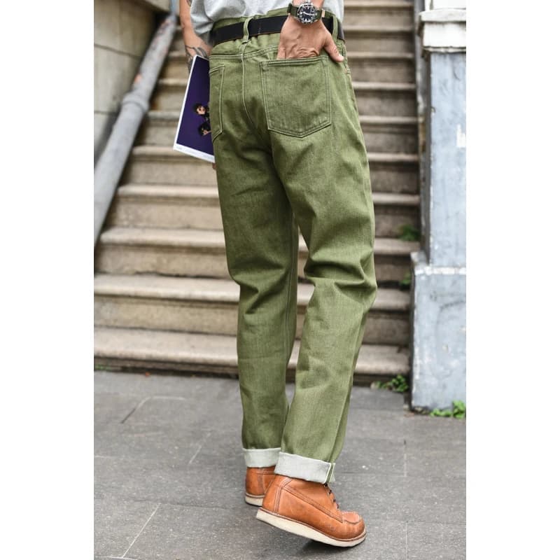 Saucezhan Jeans Homme en Denim Selvedge 107 Vert Olive Vulcanisé, Délavé, Coupe Slim, 14 Oz, Braguette Zippée