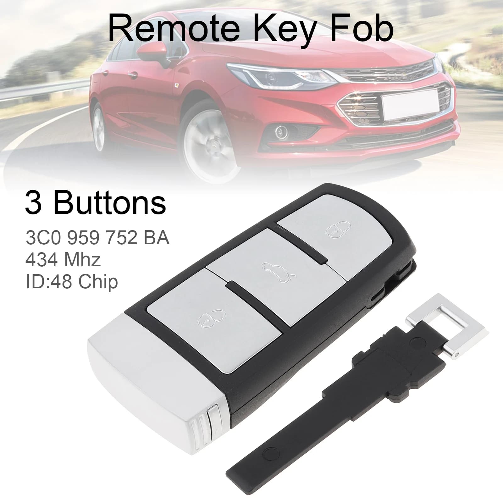 Télécommande intelligente à 3 boutons, 434Mhz, sans clé, non coupée, avec puce ID48, compatible avec VW Passat B6 3C B7 Magotan CC