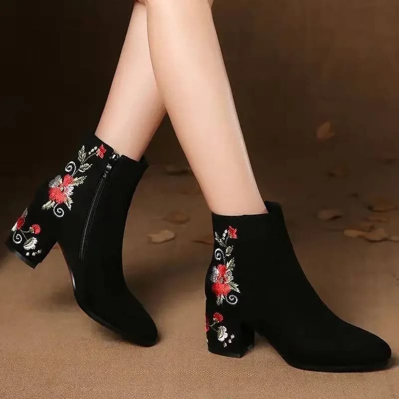 bottines femmes bottine talon botas das mulheres chaussures plateforme Comemore – bottines hautes en coton pour femme, chaussures chaudes, en daim, talon mi-montant, brodées, mi-tube, collection
