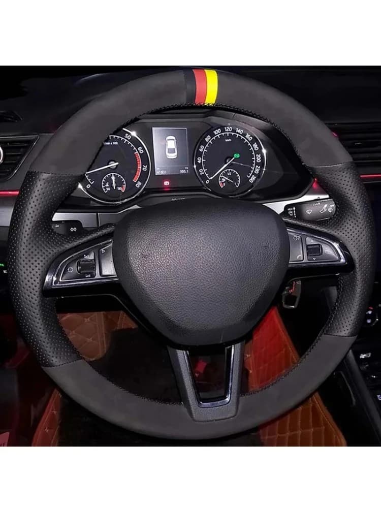 Cuir suédé véritable noir cousu à la main, pour Skoda Citigo 2013 – 2019 Fabia 2013 – 2019 Karoq 2017 – 2019 Roomster 2013 – 2016