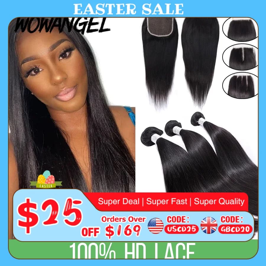 Tissage en lot naturel vierge lisse avec Closure, extension de cheveux soyeux, invisible HD, 30 pouces, 3/4 pièces