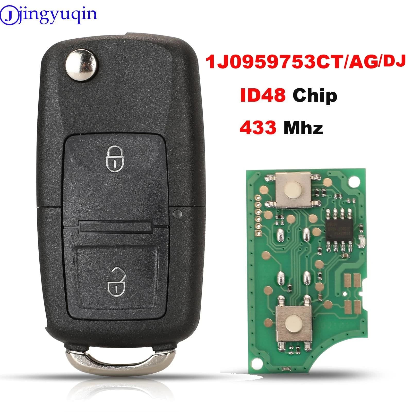 Jingyuqin-Clé à distance de voiture pour VW Bora, Golf, Polo, Passat, Touran, Seat, Skoda, puce ID48, 434MHz, 1J0959753AG, 1J0959753CT, 1J0959753DJ