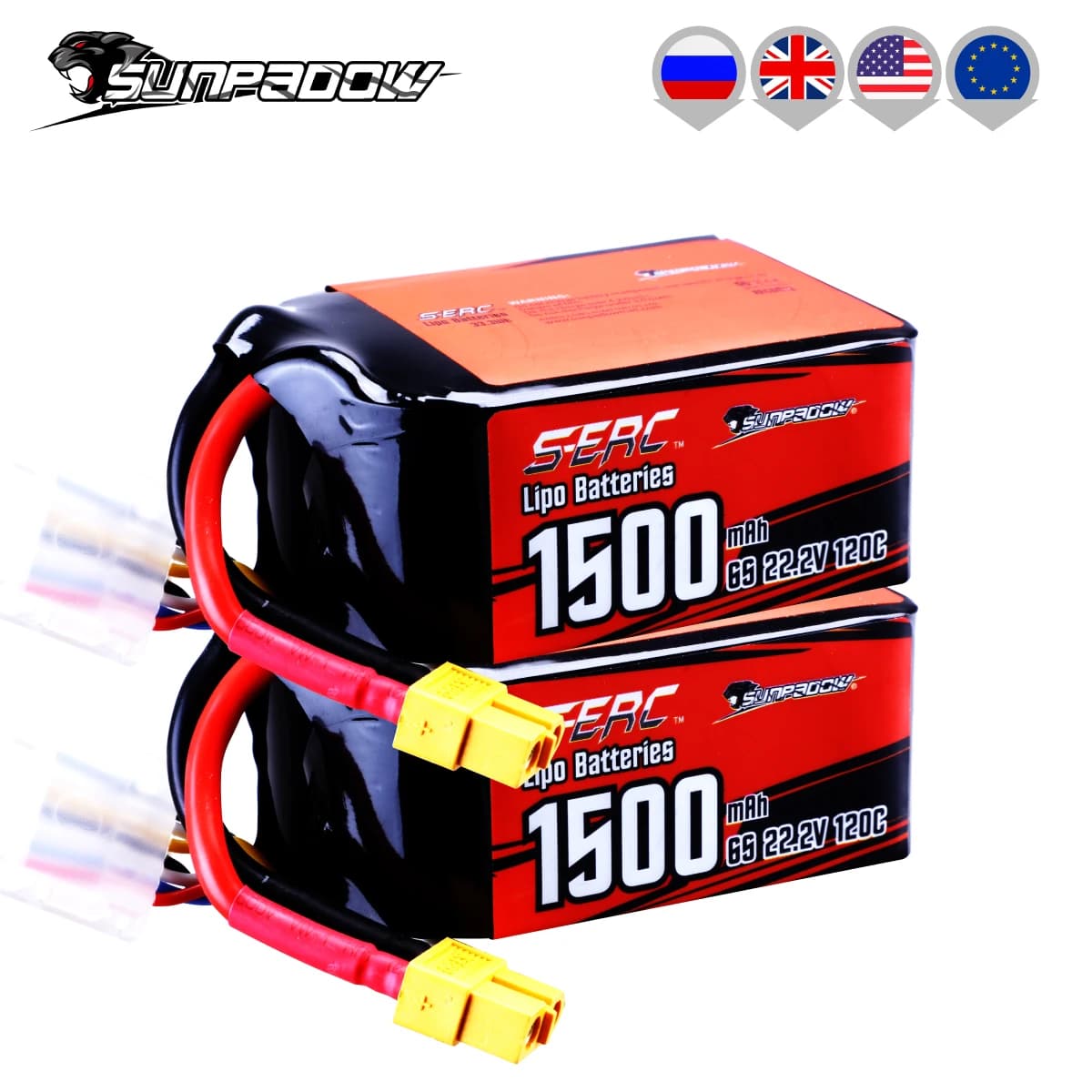 Batterie Lipo Sunpadow 22,2 V 6S pour 1500 mAh 120C avec prise XT60 pour modélisme RC, 2 pièces