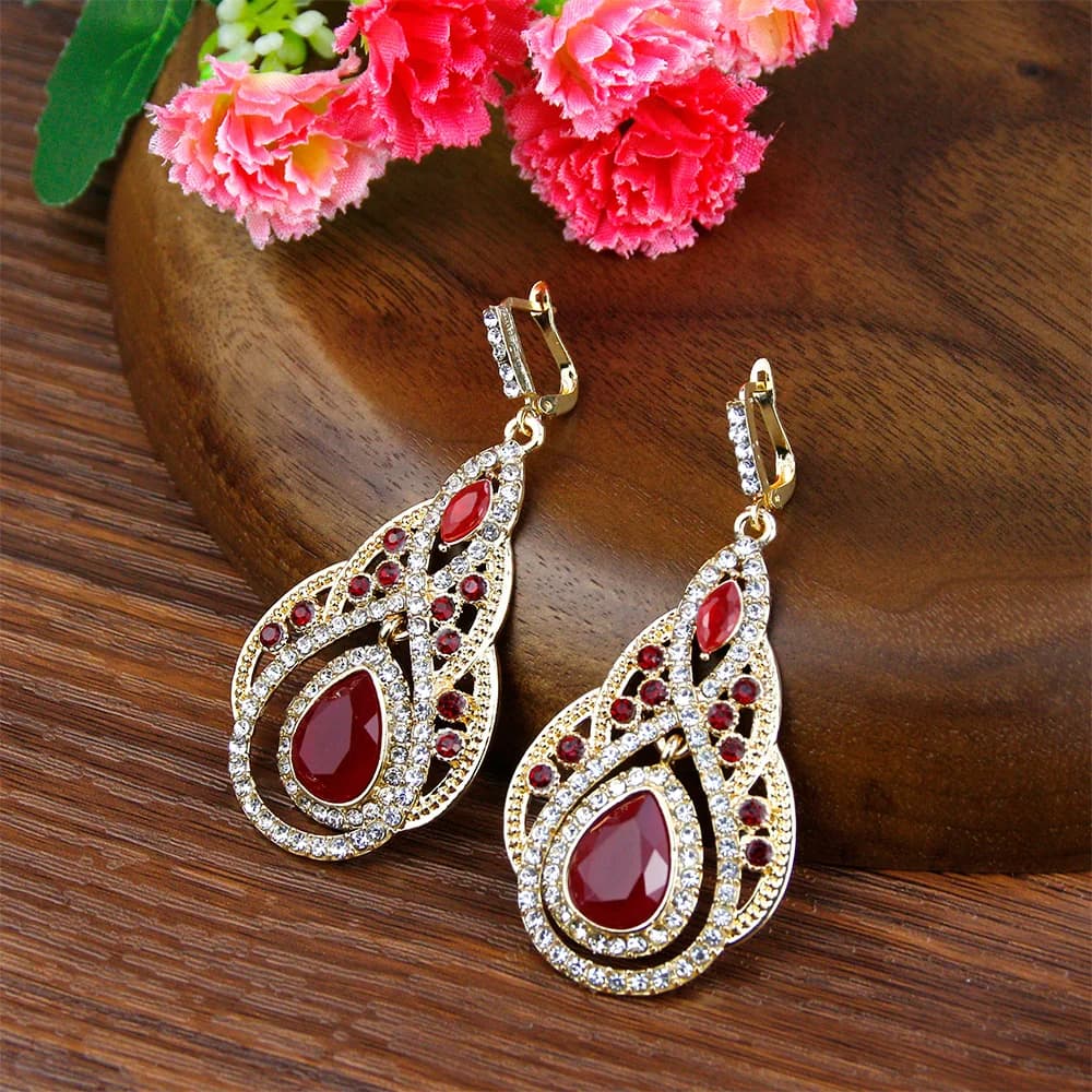 Sunspicems-Boucle d'oreille goutte marocaine pour femme, bijoux en cristal complet, or 18 carats, document, palais, banquet, mariage, patients français, cadeau chic