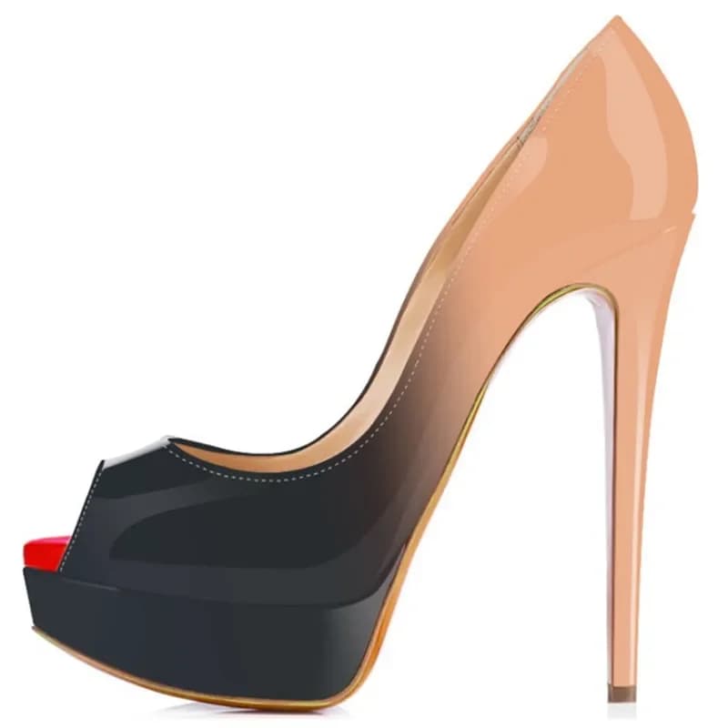 Escarpins sexy pour femme à plateforme, bout ouvert, talons très hauts de 14 cm, en cuir verni rouge, style stiletto dégradé, pour soirée et mariage
