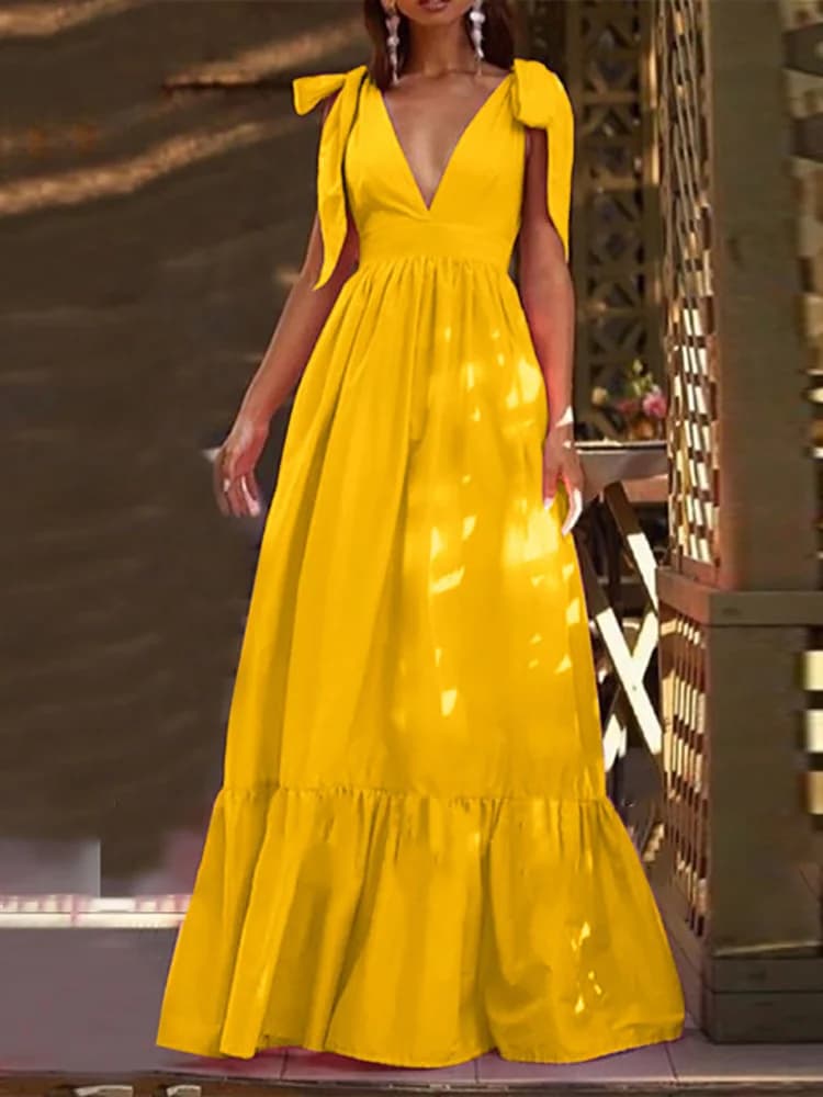 Sexy été femmes col en v fronde dos nu robe élégante évider nœud papillon longue robe de soirée mode Femme Dot Maxi robe Vestido