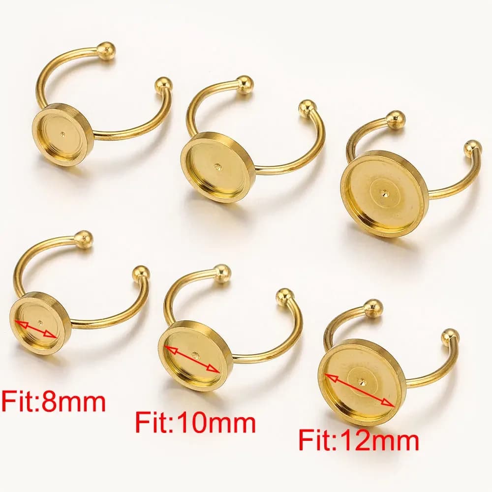 Paramètres d'anneau réglables en acier inoxydable, Base vierge de ton or 8/10/12mm, Cabochons en verre, lunettes, fournitures pour la fabrication de bijoux, 10 pièces