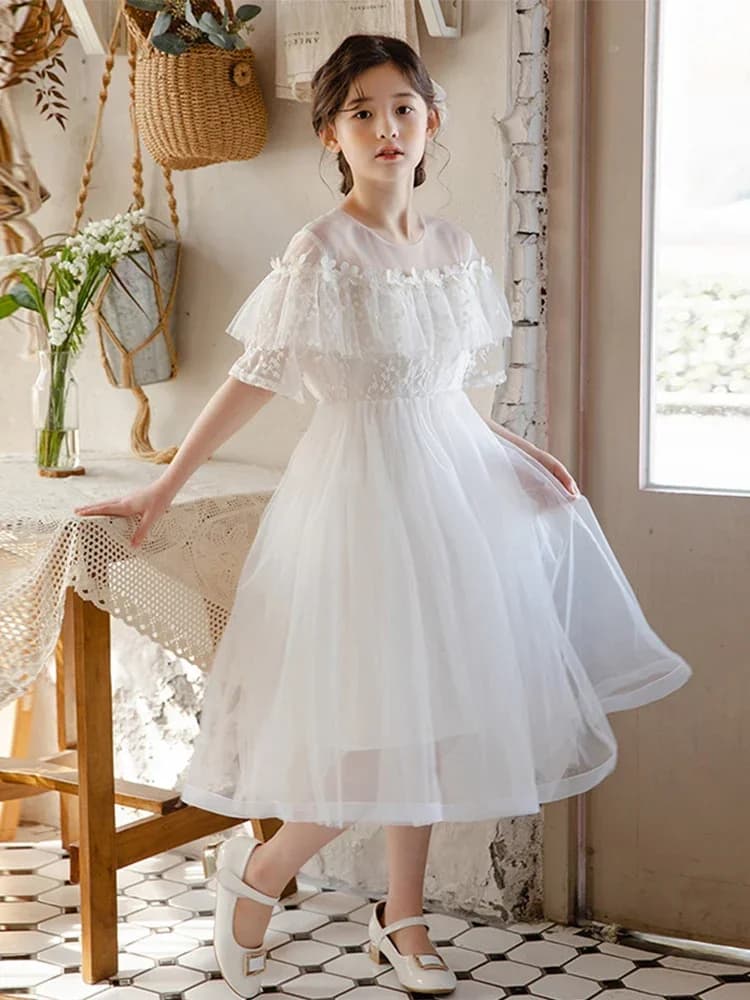 Robe en tulle blanc à dentelle pour filles, avec appliques florales, longueur midi, pour anniversaire, mariage, invitées, occasions formelles, robe de soirée élégante, 6 8 10 ans