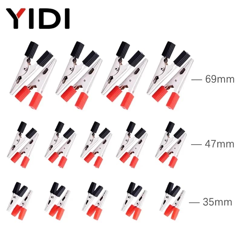 Pinces crocodiles isolées, câble de batterie, pince crocodile, poignée en plastique rouge noir, pinces de test en métal, 35mm, 47mm, 70mm, 10 pièces