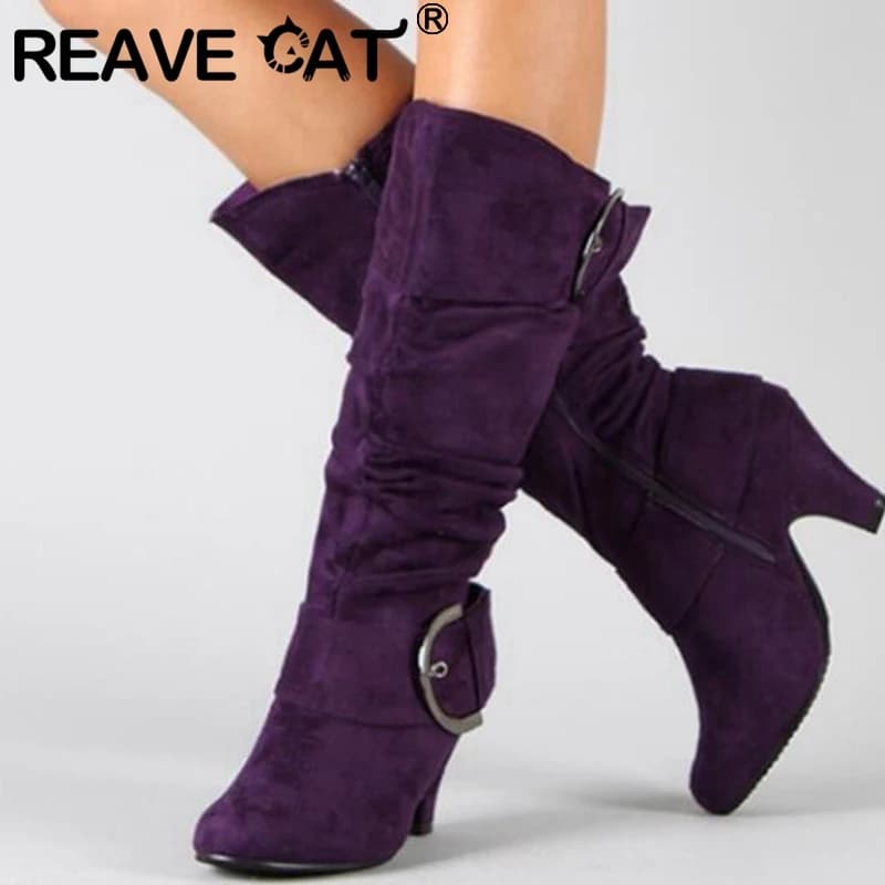 REAVE CAT 2021 bottes hautes automne Faux daim large plissé boucle ample 5cm talons pointus taille 35-43 gris A4370