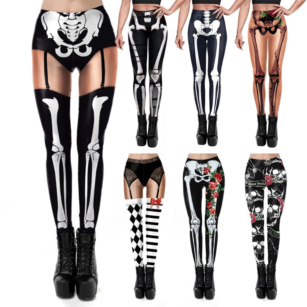 VIP FASHION – Leggings squelette pour femmes, pantalon slim élastique, Sexy, Costume d'halloween, imprimé en 3D, pour entraînement, Fitness