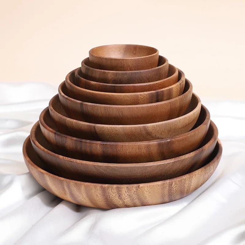 Filles en bois d'acacia pour aliments, vaisselle en bois, assiette de ménage et de fruits, bol à salade, bol à soupe en bois entier