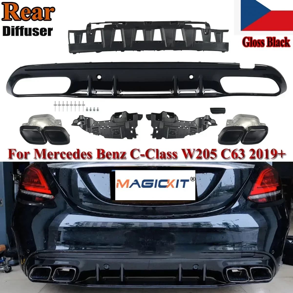 MagicKit pour MERCEDES 15-21 W205 AMG noir complet pare-chocs diffuseur jeu d'échappement C63 LOOK accessoires de voiture