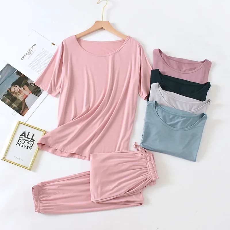 Pyjama deux pièces en modal pour femme, collection Printemps-Été 2026, manches courtes et pantalon, grande taille, respirant, ensemble décontracté pour la maison
