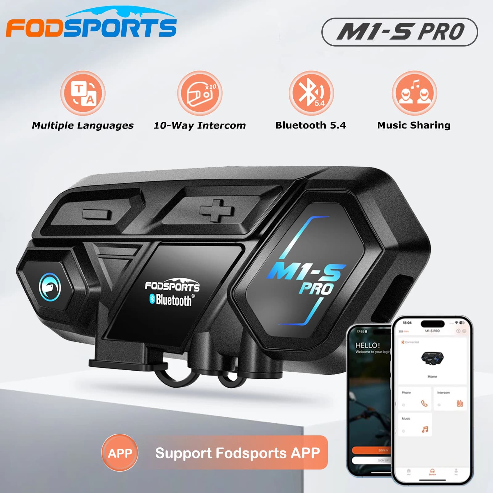 Fodsports M1-S Pro, intercom pour casque de moto, casque Bluetooth, intercom pour moto pour 8 motards, BT5.4, partage de musique, contrôle via application.