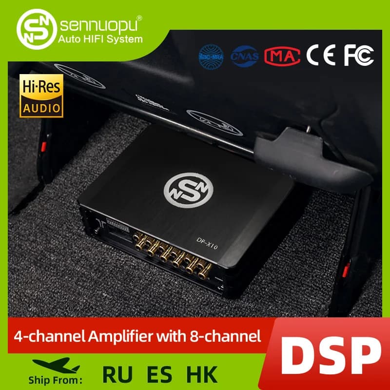 Sennuopu X10 1000W Unité de réglage audio pour voiture, amplificateur automobile 4 canaux classe A 12V avec réglage des basses et lecture audio sans fil