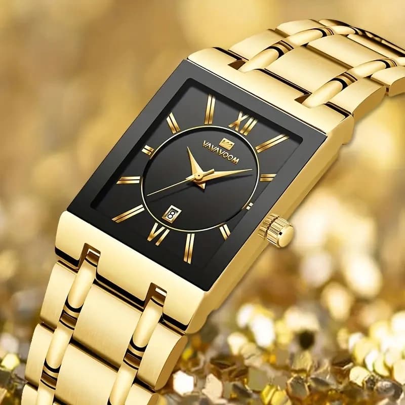VA VA VOOM-Montre-bracelet carrée en acier inoxydable pour homme, quartz doré, étanche, marque supérieure, luxe
