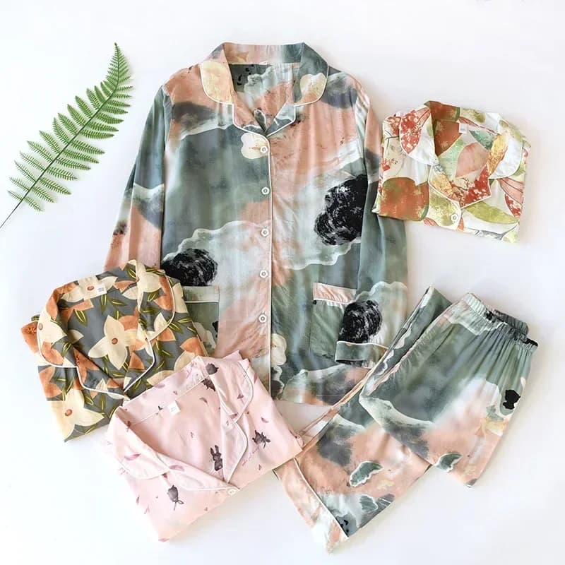 Pyjama Deux Pièces en Viscose à Manches sulfpour Femme, Cardigan Confortable à Grande Fleur, Ensemble de Service à Domicile, Nouvelle Collection Printemps et Été