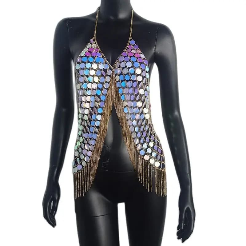 FestivalQueen-Haut court à pampilles à paillettes pour femmes, Camisoles de fête colorées, Vêtements de plage Boho, Halter sexy, Nouveau festival, 2022