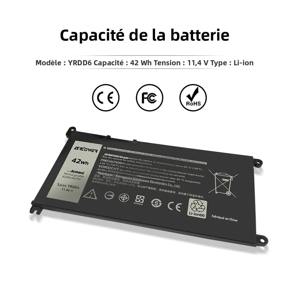 Batterie pour ordinateur portable SKOWER YRDD6 11.4V 42Wh pour Dell Inspiron 14 5480 5482 5481 5485 5491 5591 5593 3583 3582 3493 3593 5584 5493