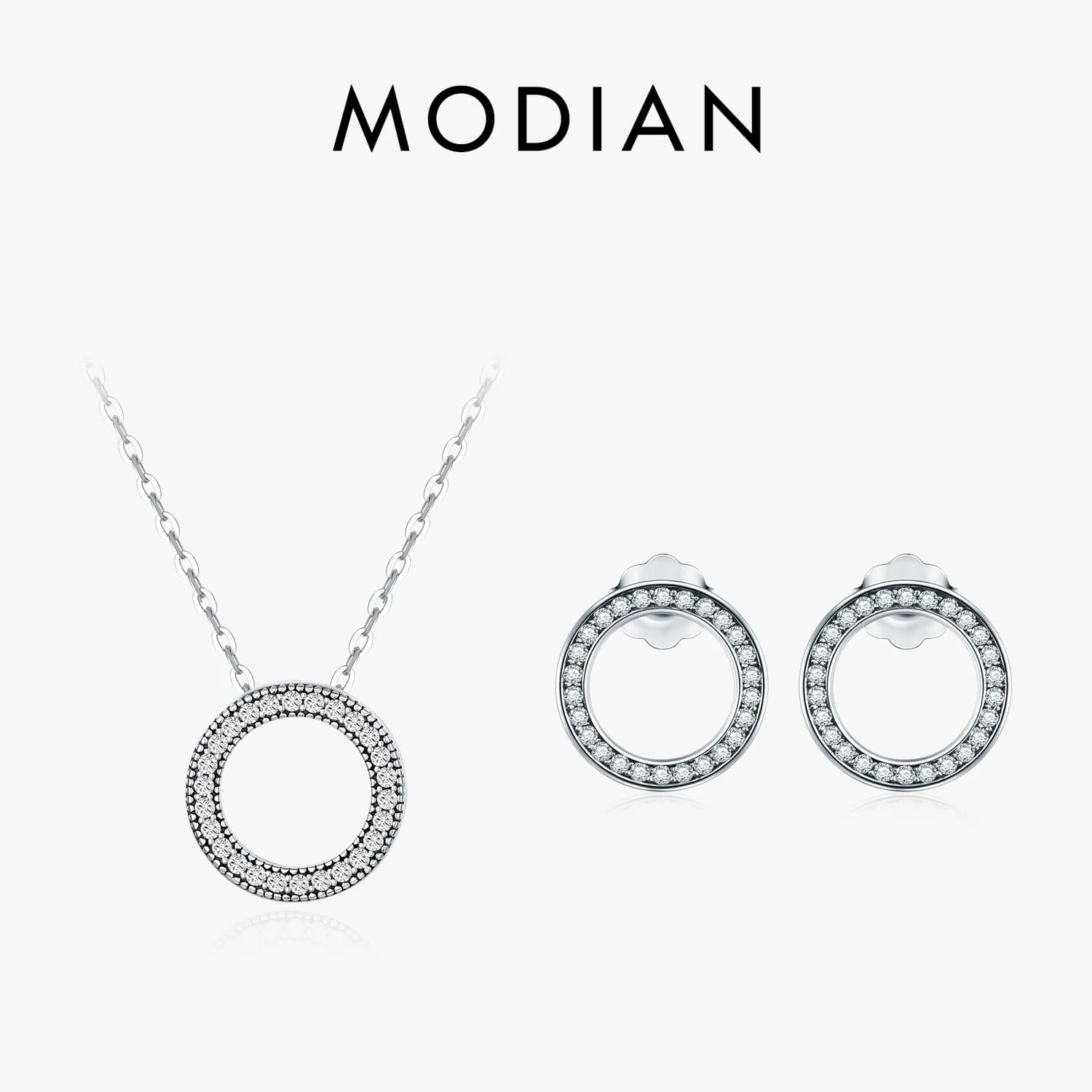 Modian classique cercle scintillant CZ boucles d'oreilles 925 en argent Sterling coeur Romanti ensembles de bijoux pour les femmes Fine collier pendentif