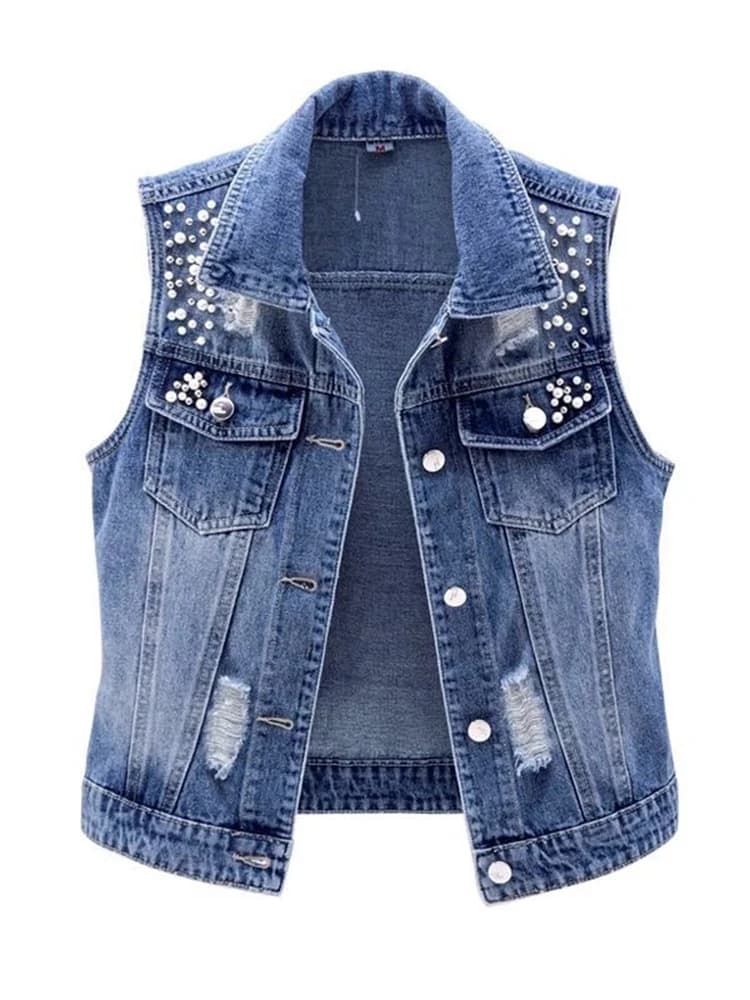 JMPRS Denim femmes gilet de luxe perles mode déchiré automne jean veste sans manches ample court manteau casual gilets 5XL
